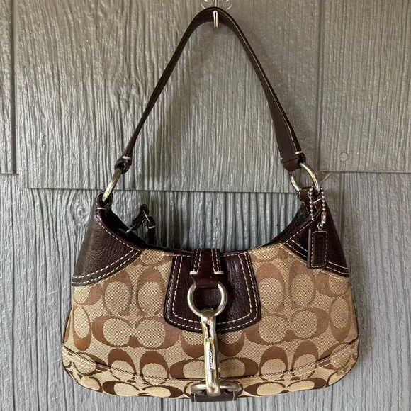 Vintage Coach Brown Canvas Mini Hobo Leather Trim Shoulder Bag Purse Y2K 10283 - Picture 2 of 14